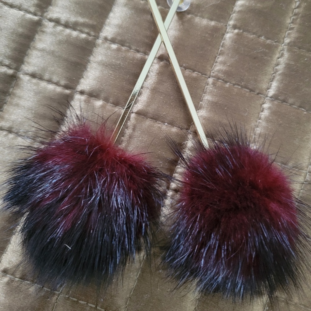 Genuine Burgundy/Black Ombre Mink Pom Pom Ball Dangle Earrings